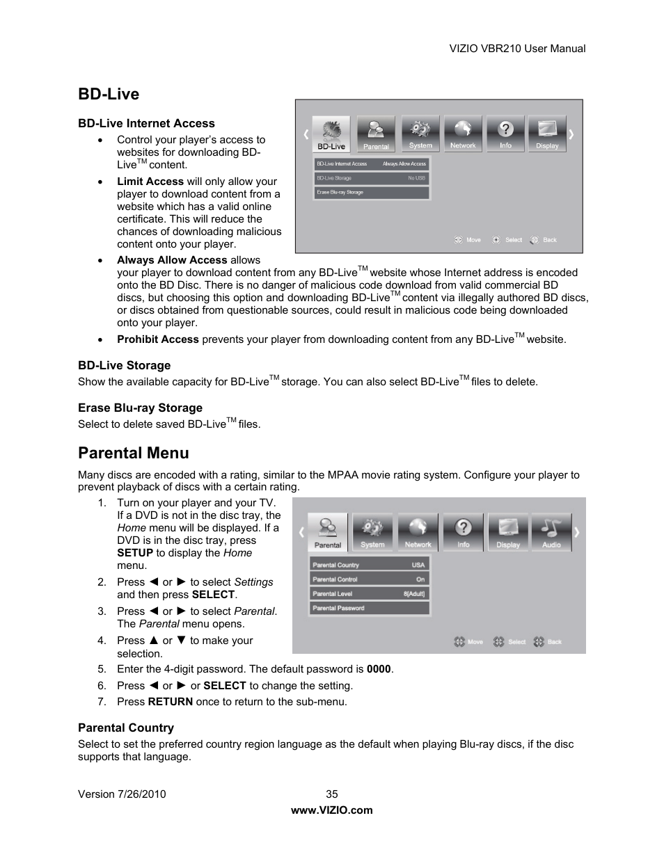 Bd-live, Parental menu | Vizio VBR210 User Manual | Page 35 / 55