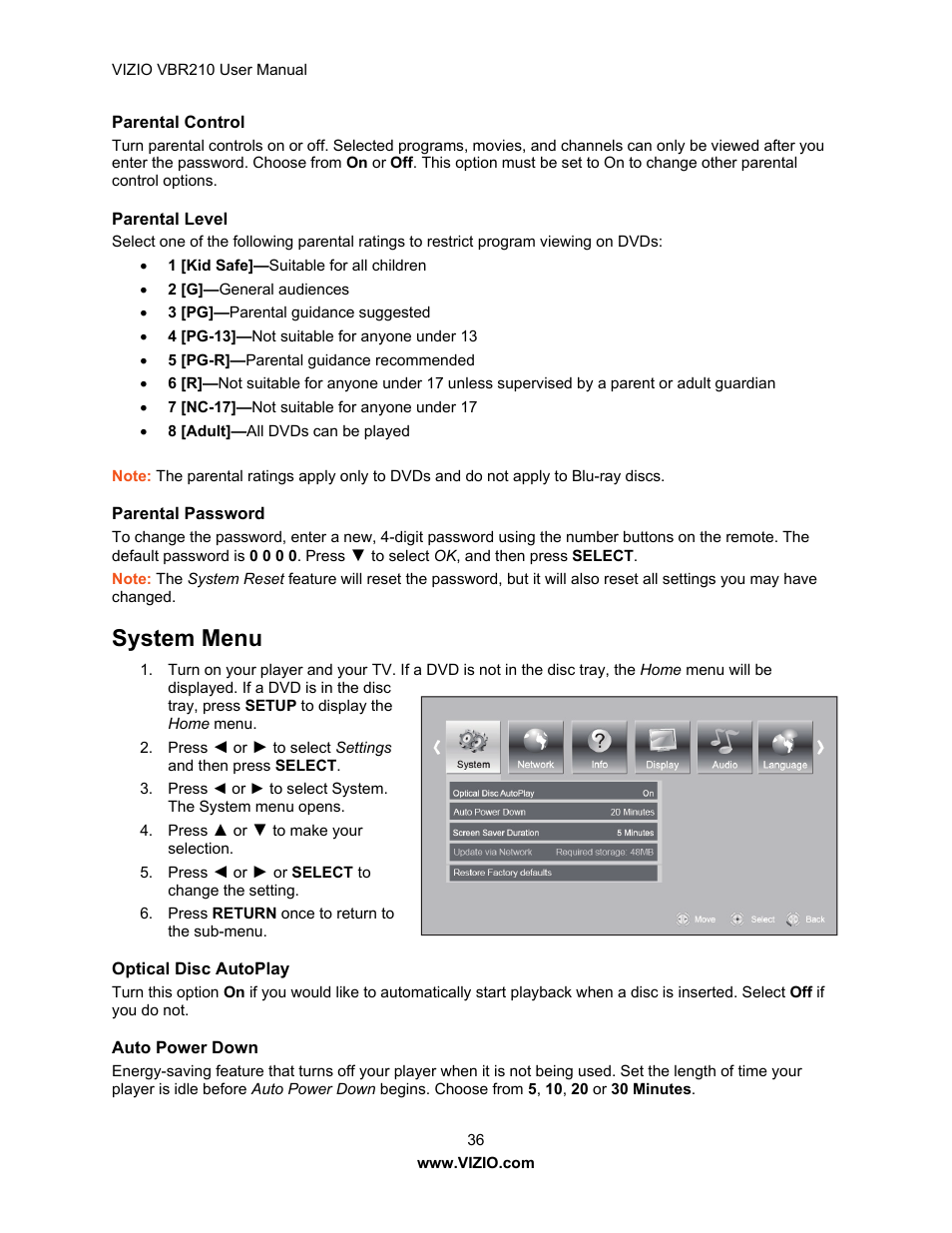 System menu | Vizio VBR210 User Manual | Page 36 / 55