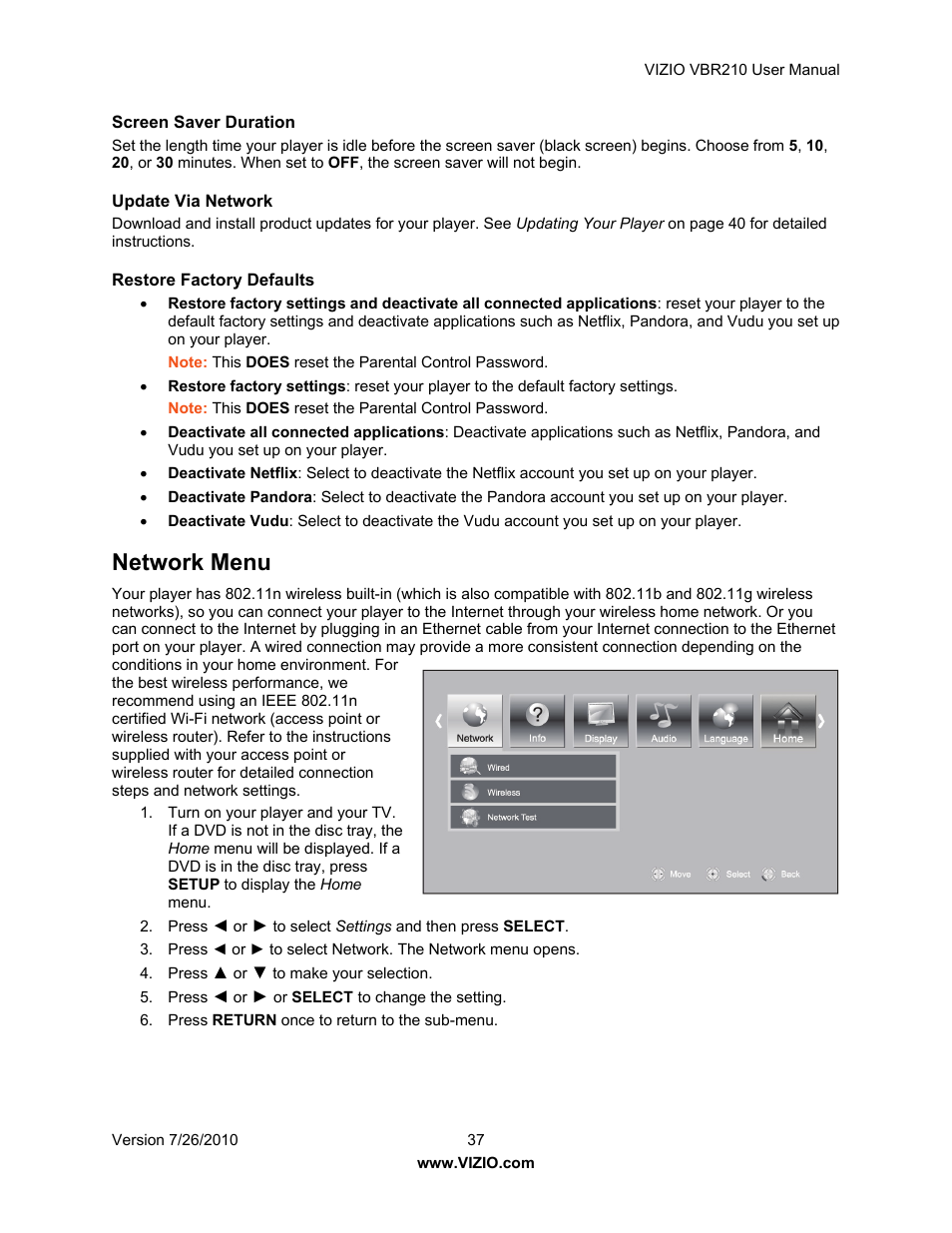 Network menu | Vizio VBR210 User Manual | Page 37 / 55