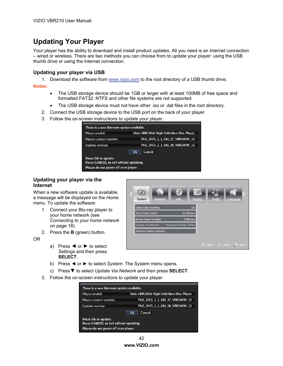Updating your player | Vizio VBR210 User Manual | Page 42 / 55