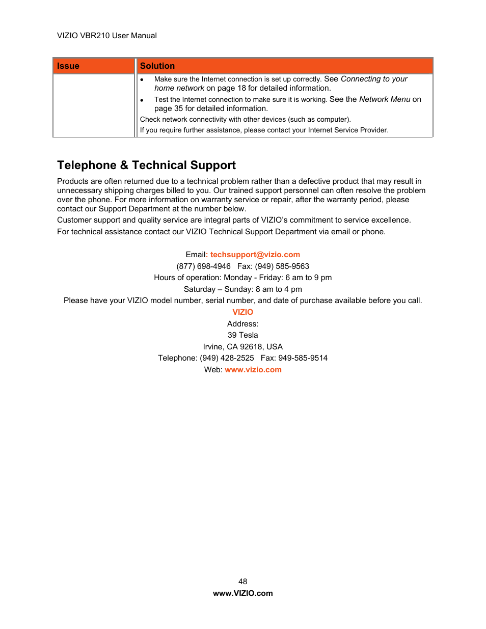 Telephone & technical support | Vizio VBR210 User Manual | Page 48 / 55