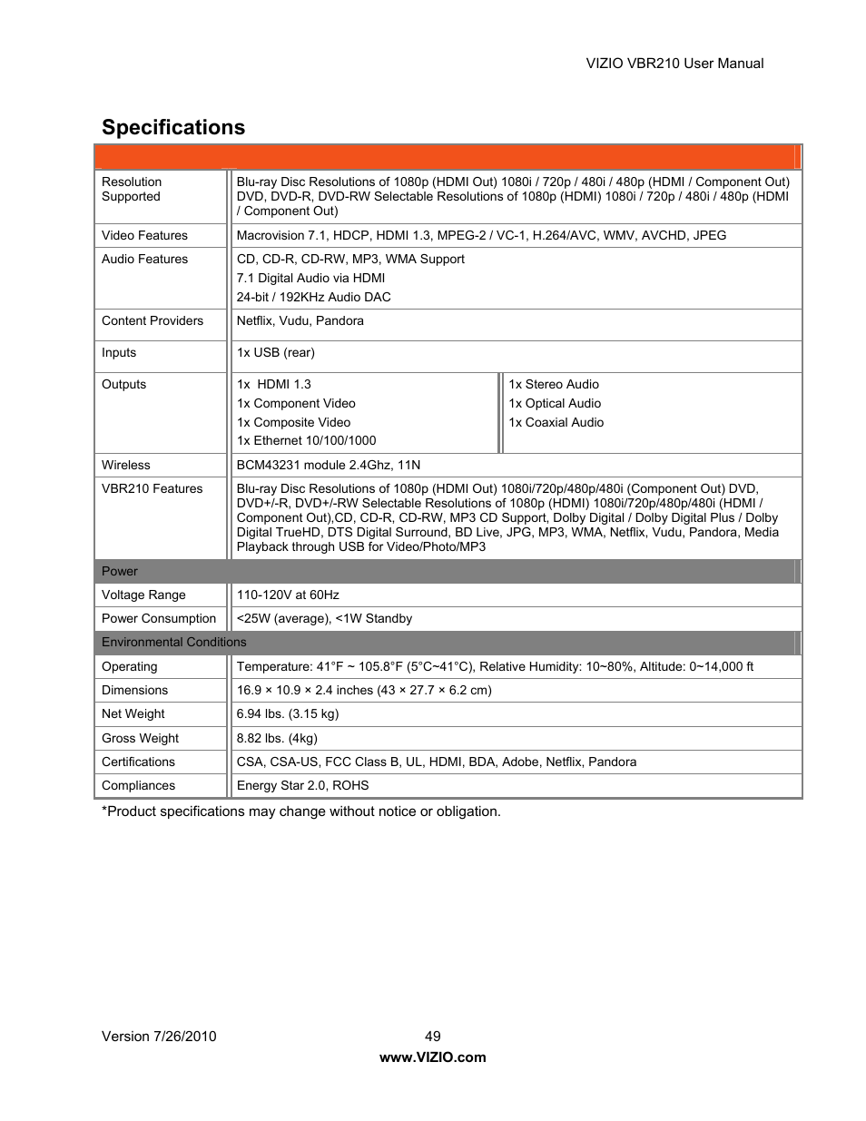 Specifications | Vizio VBR210 User Manual | Page 49 / 55