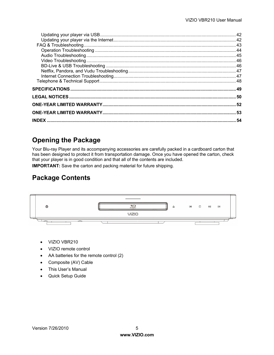 Opening the package, Package contents | Vizio VBR210 User Manual | Page 5 / 55