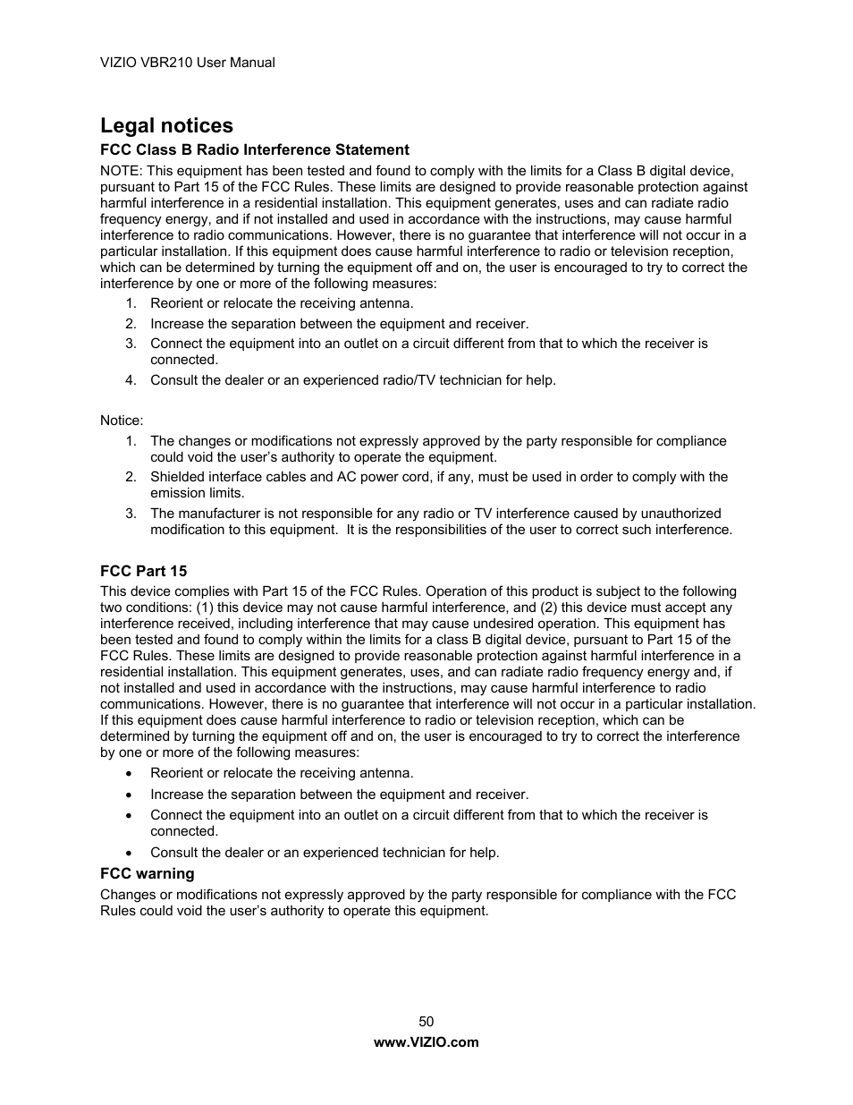 Legal notices | Vizio VBR210 User Manual | Page 50 / 55