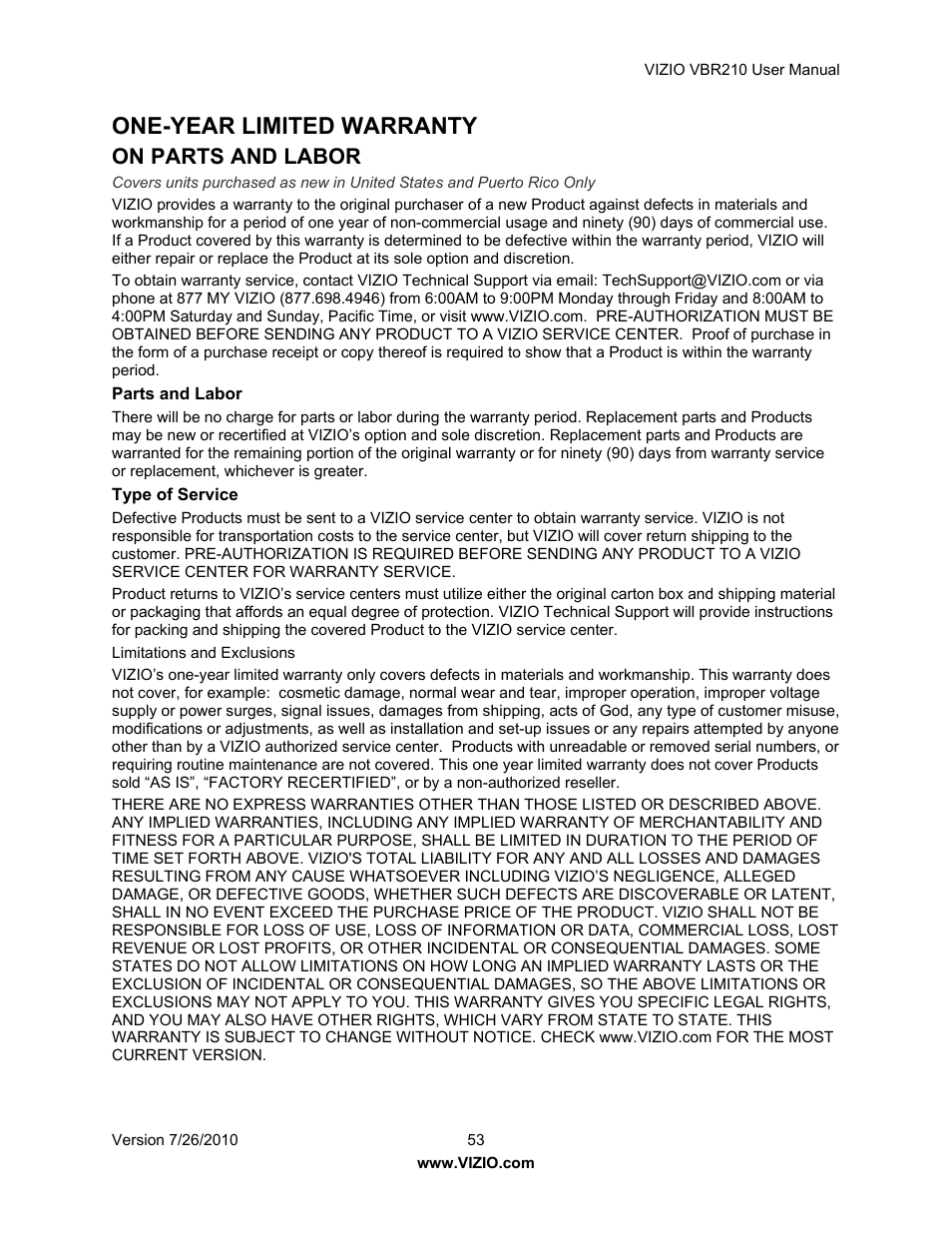 One-year limited warranty, On parts and labor | Vizio VBR210 User Manual | Page 53 / 55