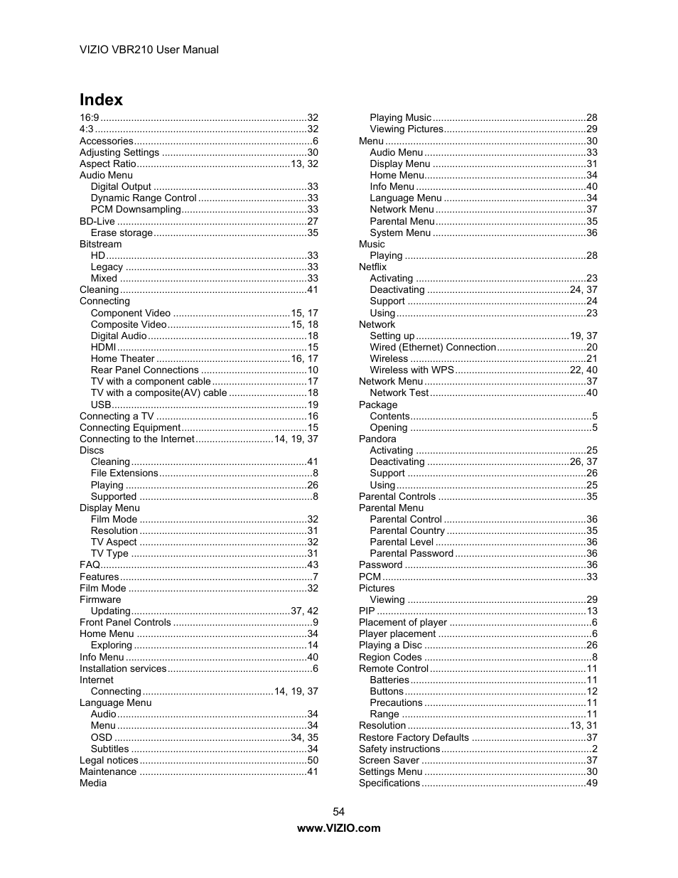 Index | Vizio VBR210 User Manual | Page 54 / 55