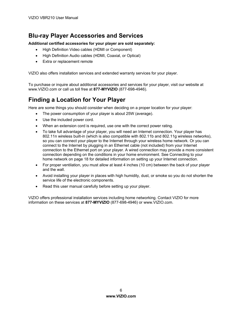 Blu-ray player accessories and services, Finding a location for your player | Vizio VBR210 User Manual | Page 6 / 55