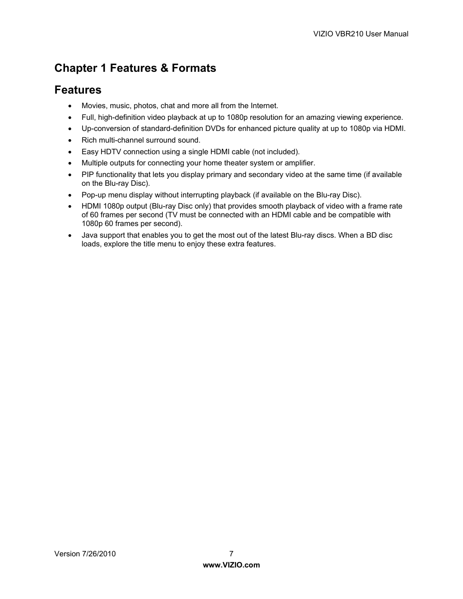 Chapter 1 features & formats features | Vizio VBR210 User Manual | Page 7 / 55