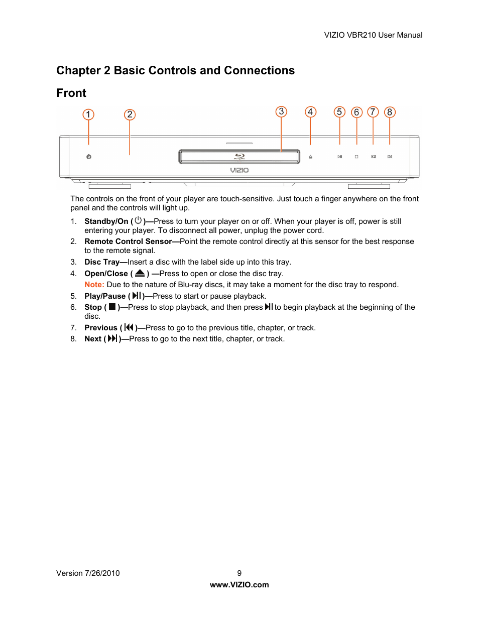 Chapter 2 basic controls and connections front | Vizio VBR210 User Manual | Page 9 / 55