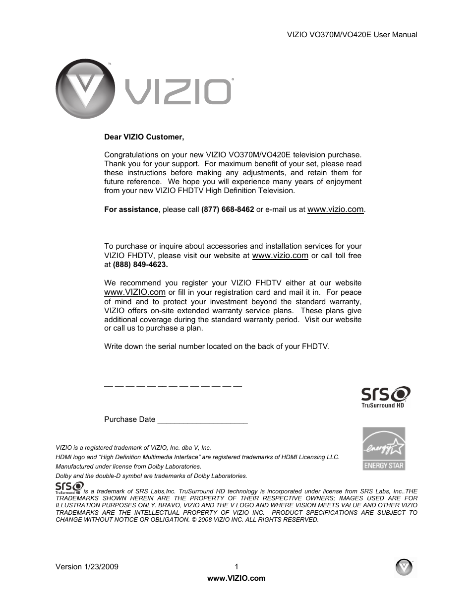 Vizio VO420E User Manual | 67 pages