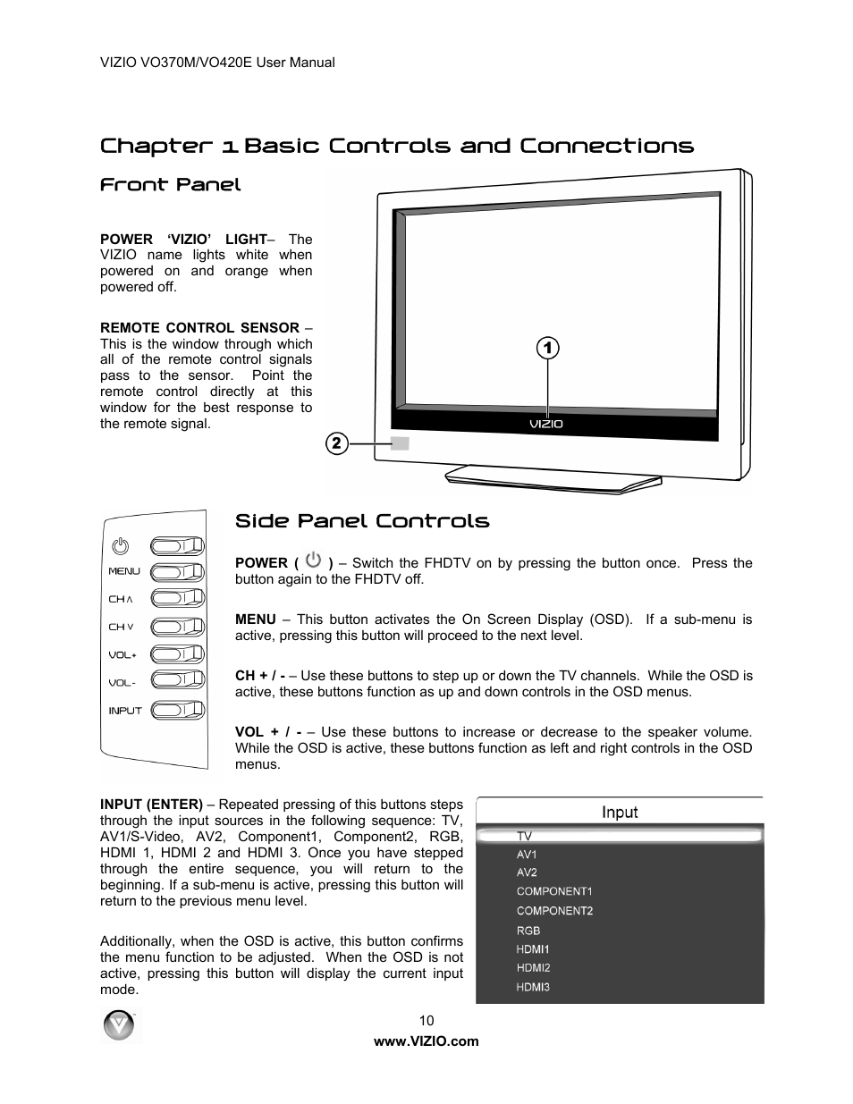 Chapter 1 basic controls and connections, Side panel controls, Front panel | Vizio VO420E User Manual | Page 10 / 67