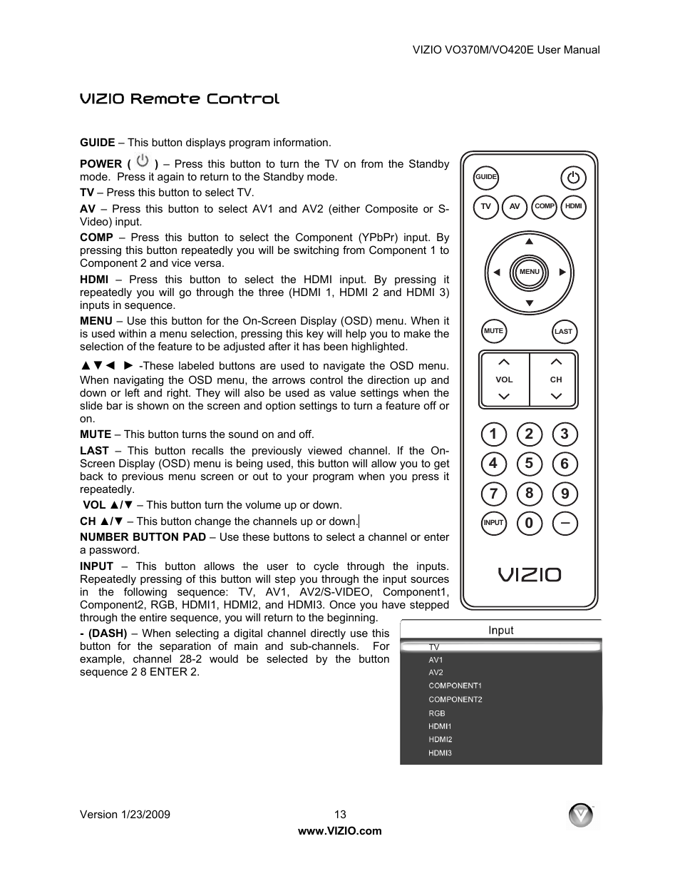 Vizio remote control | Vizio VO420E User Manual | Page 13 / 67