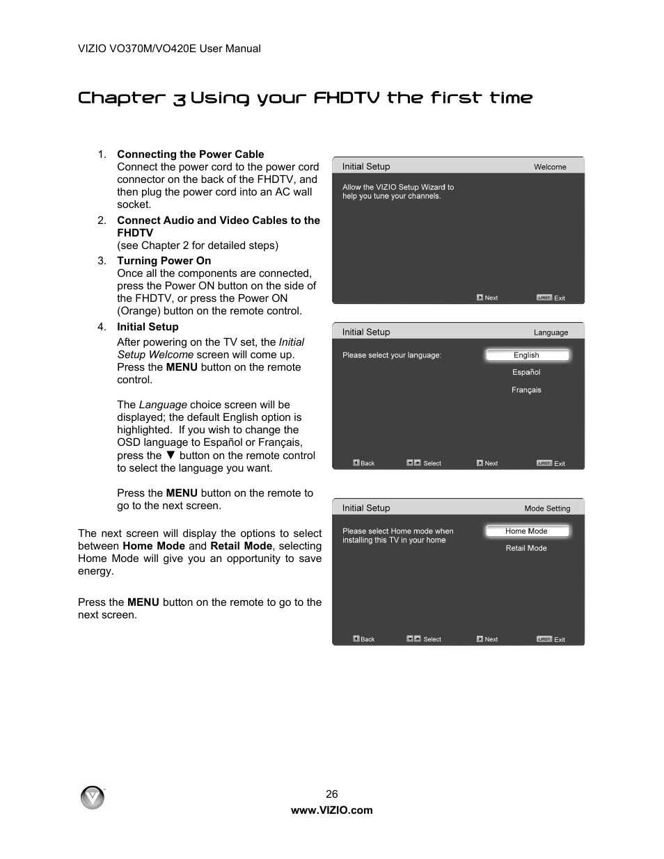 Chapter 3 using your fhdtv the first time | Vizio VO420E User Manual | Page 26 / 67