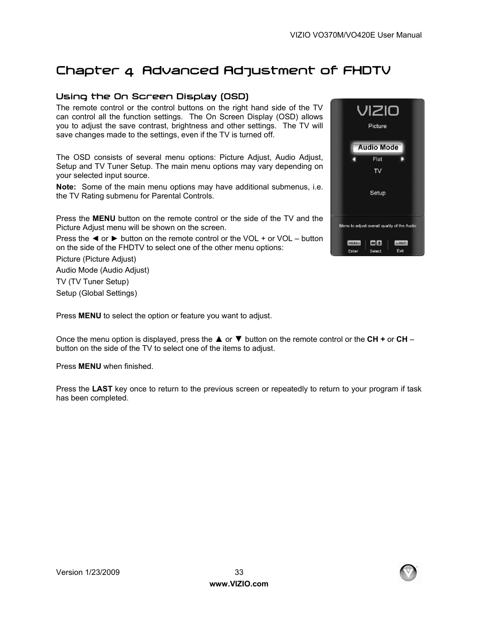 Chapter 4 advanced adjustment of fhdtv | Vizio VO420E User Manual | Page 33 / 67