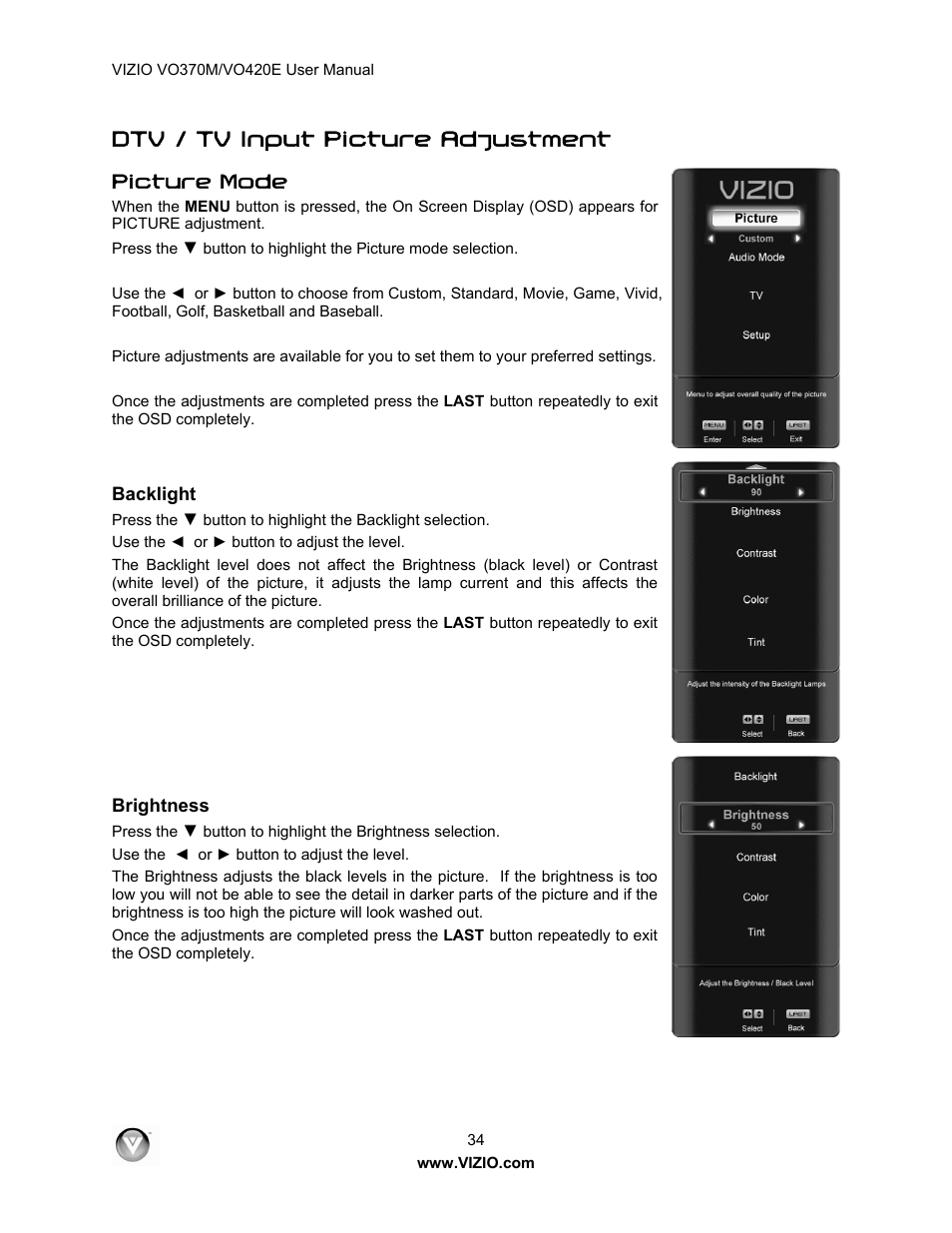Dtv / tv input picture adjustment, Picture mode | Vizio VO420E User Manual | Page 34 / 67