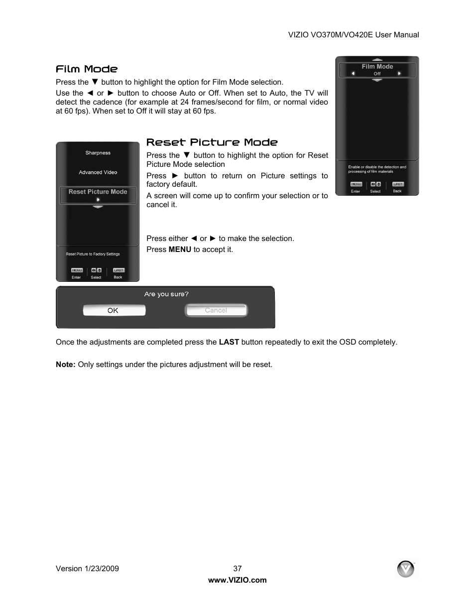 Film mode, Reset picture mode | Vizio VO420E User Manual | Page 37 / 67