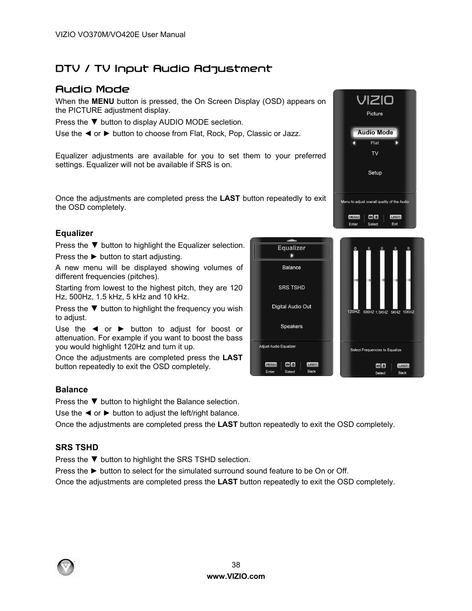 Dtv / tv input audio adjustment audio mode | Vizio VO420E User Manual | Page 38 / 67