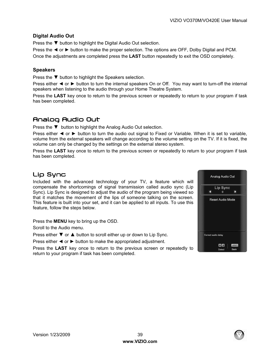 Analog audio out, Lip sync | Vizio VO420E User Manual | Page 39 / 67
