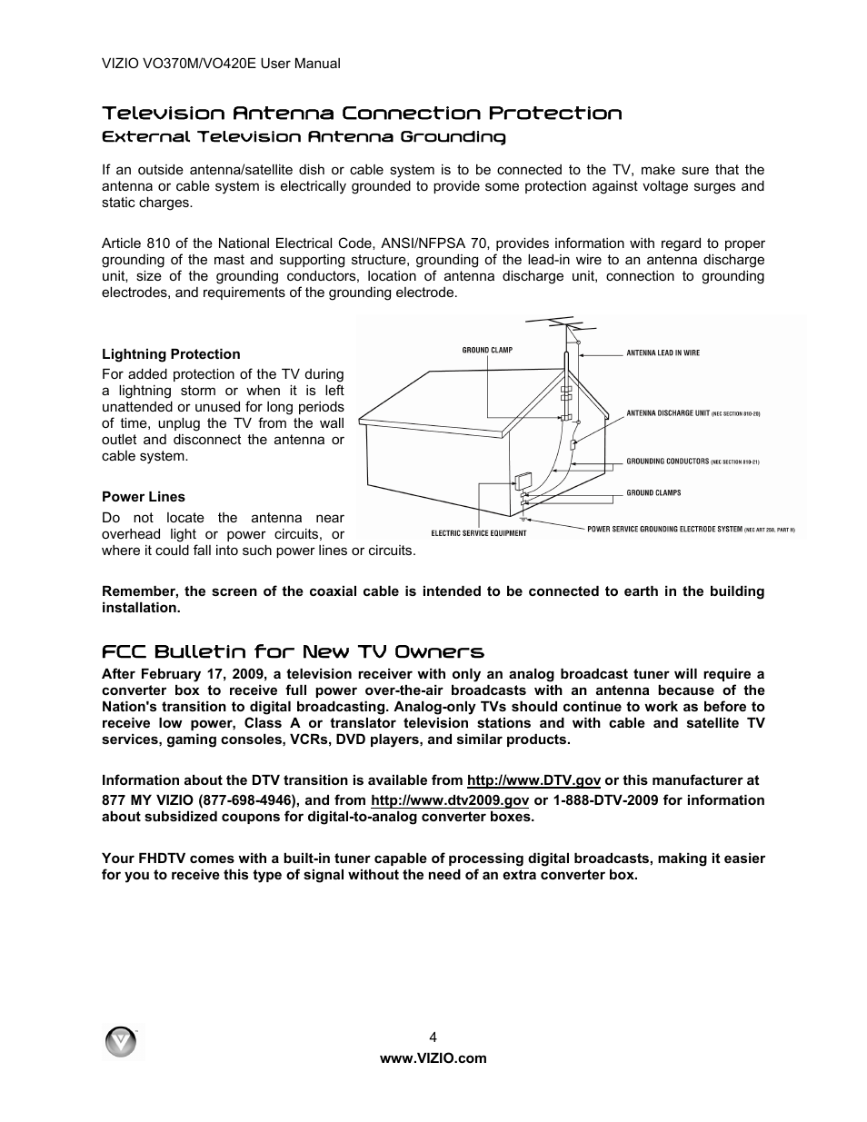 Television antenna connection protection, Fcc bulletin for new tv owners | Vizio VO420E User Manual | Page 4 / 67