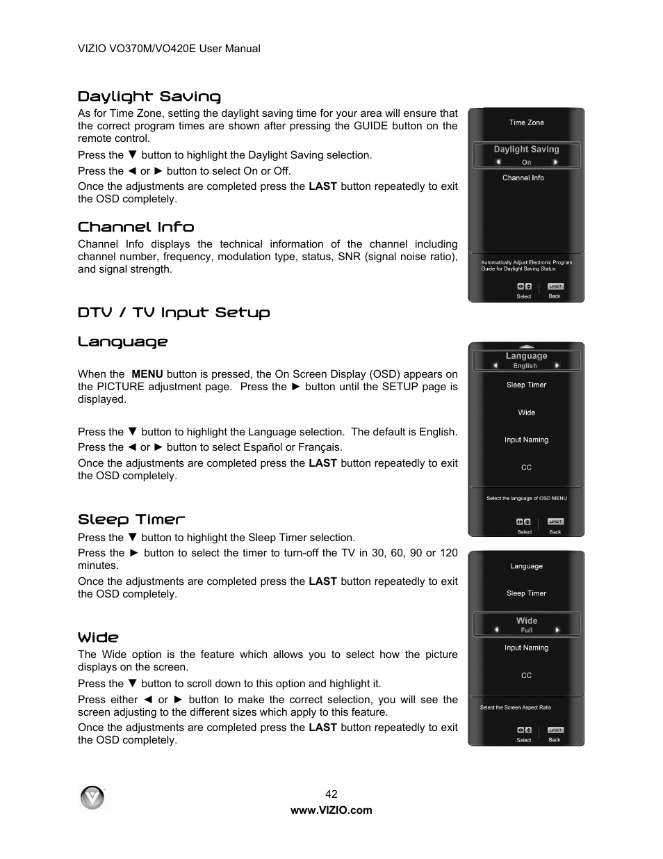 Daylight saving, Channel info, Dtv / tv input setup language | Sleep timer, Wide | Vizio VO420E User Manual | Page 42 / 67