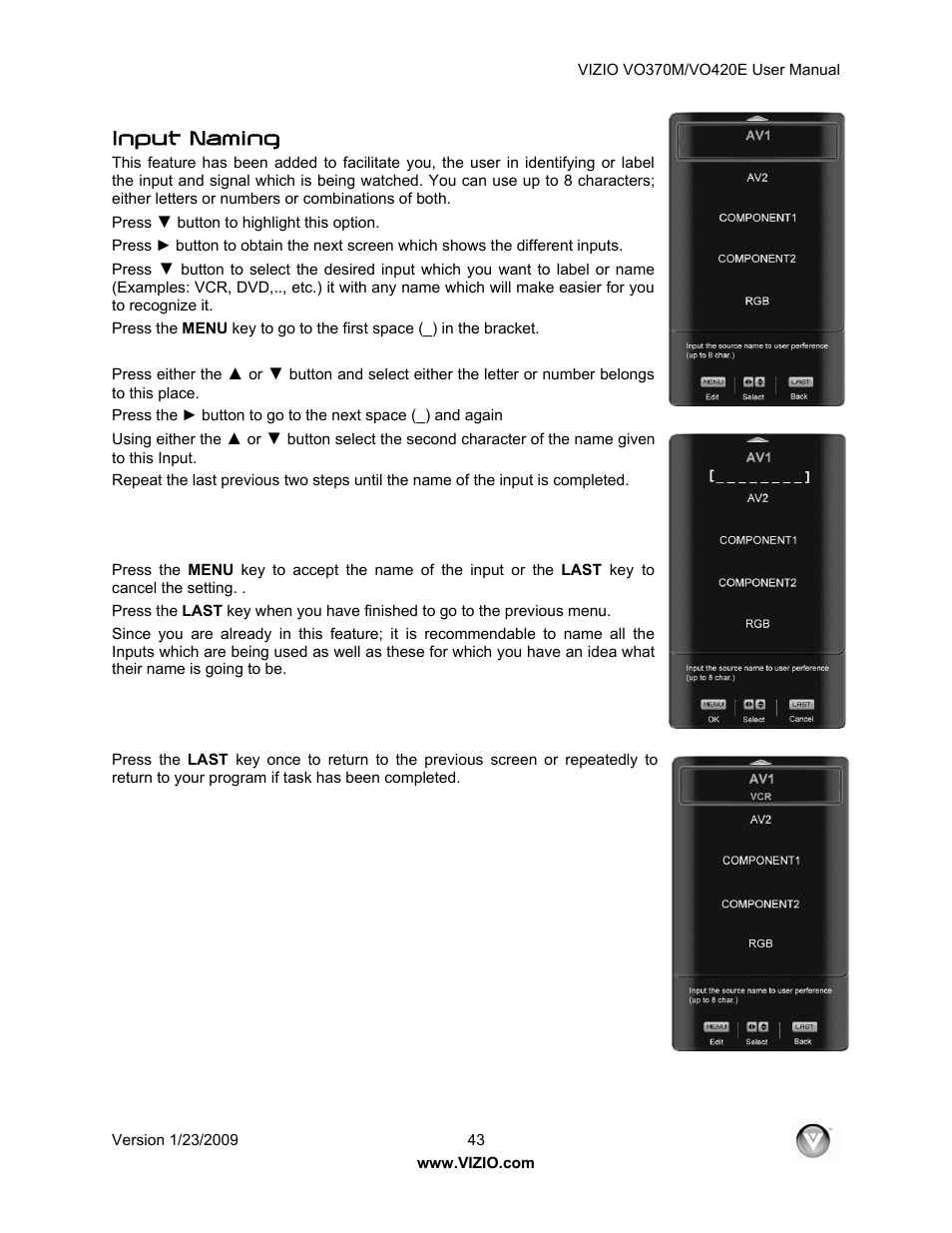 Input naming | Vizio VO420E User Manual | Page 43 / 67
