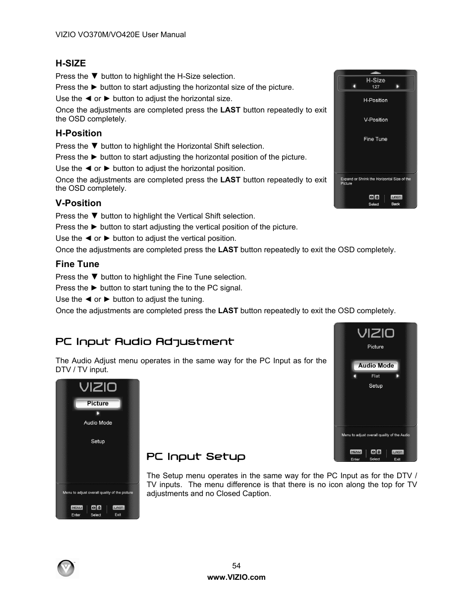 Pc input audio adjustment, Pc input setup | Vizio VO420E User Manual | Page 54 / 67