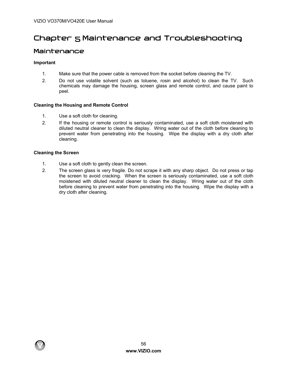 Chapter 5 maintenance and troubleshooting, Maintenance | Vizio VO420E User Manual | Page 56 / 67