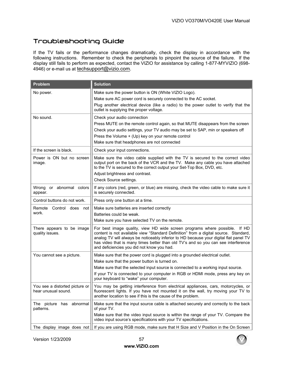 Troubleshooting guide | Vizio VO420E User Manual | Page 57 / 67