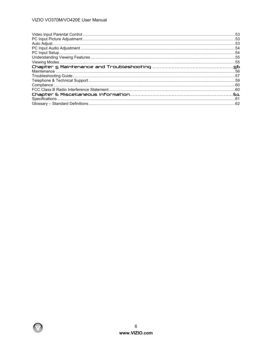 Vizio VO420E User Manual | Page 6 / 67