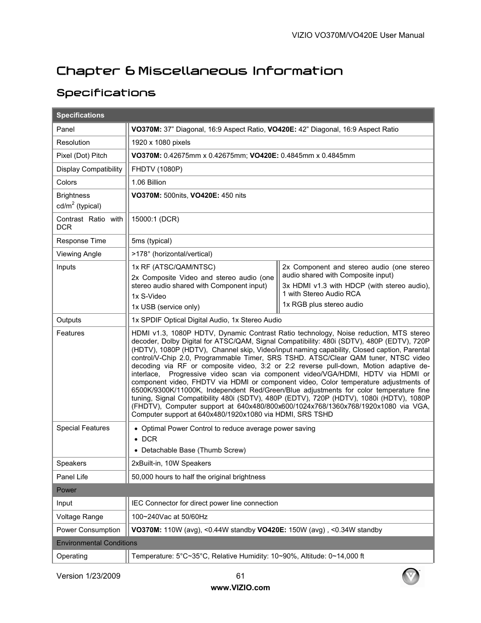 Chapter 6 miscellaneous information, Specifications | Vizio VO420E User Manual | Page 61 / 67