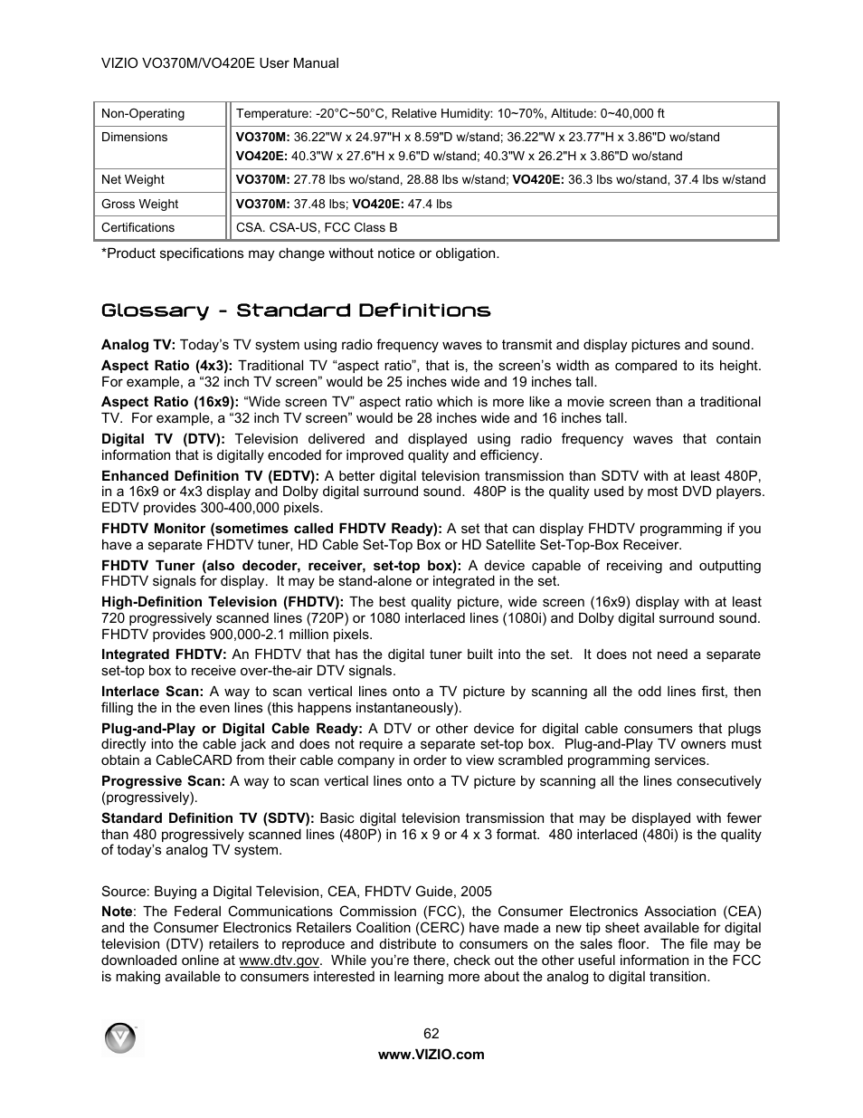 Glossary – standard definitions | Vizio VO420E User Manual | Page 62 / 67