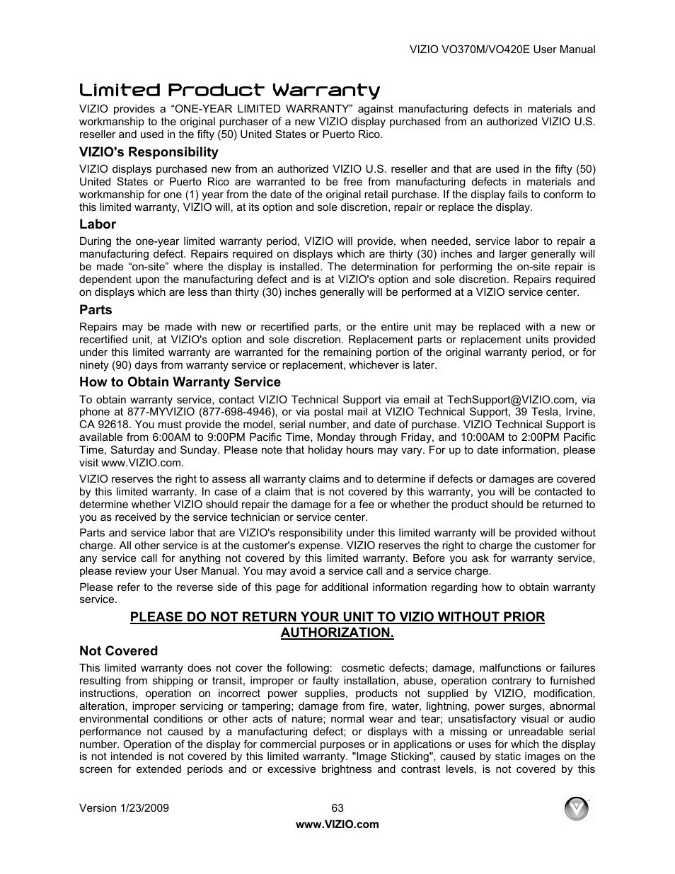 Limited product warranty | Vizio VO420E User Manual | Page 63 / 67