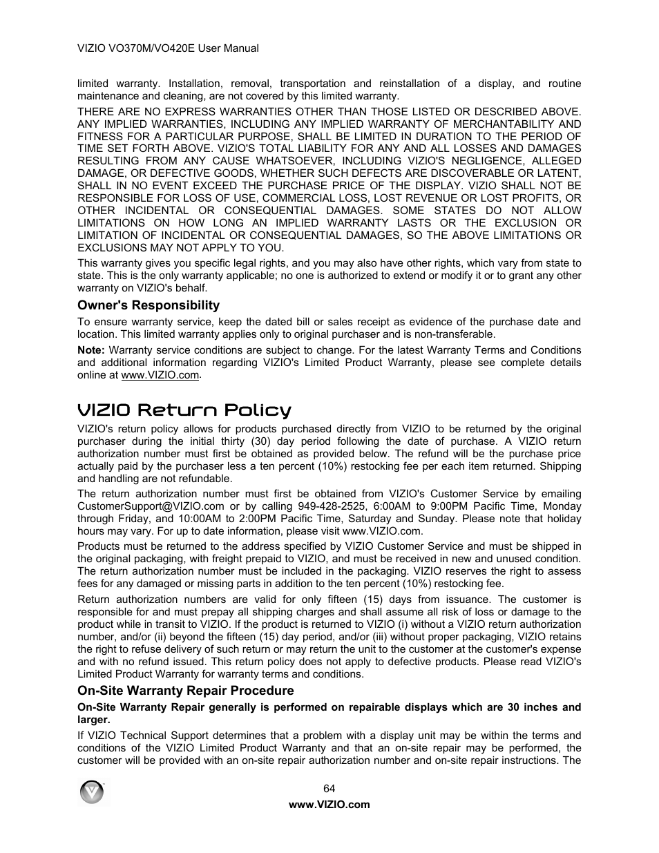 Vizio return policy | Vizio VO420E User Manual | Page 64 / 67