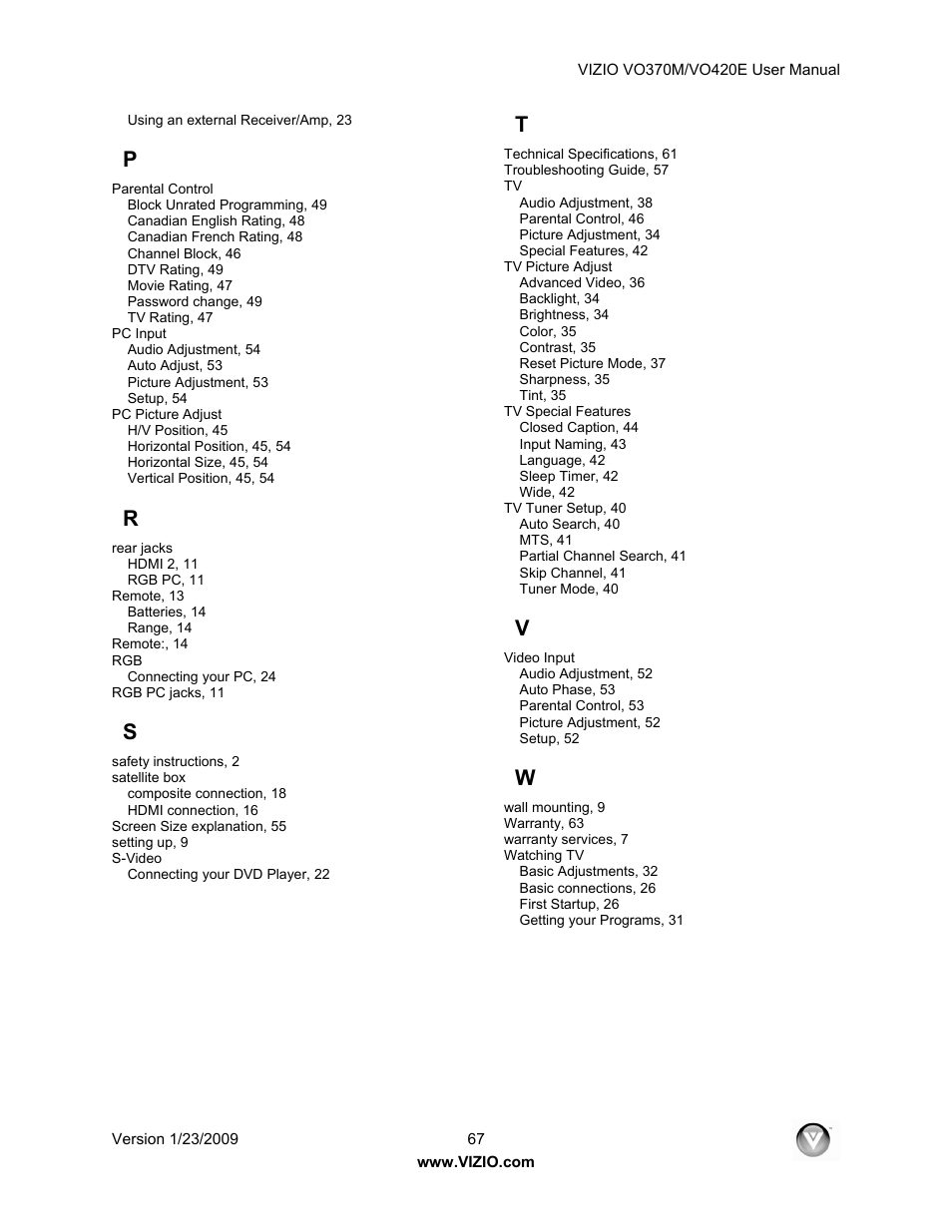 Vizio VO420E User Manual | Page 67 / 67