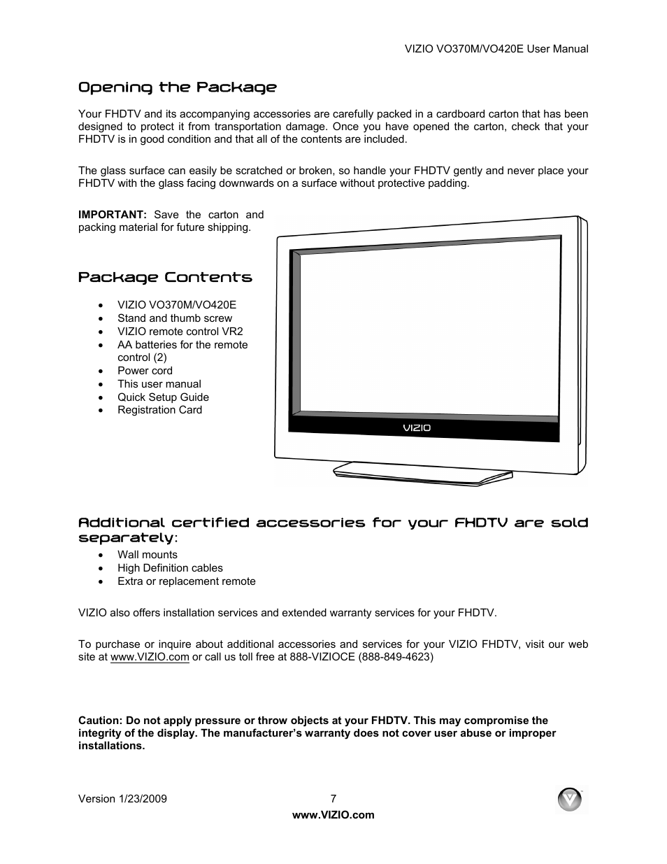 Opening the package, Package contents | Vizio VO420E User Manual | Page 7 / 67
