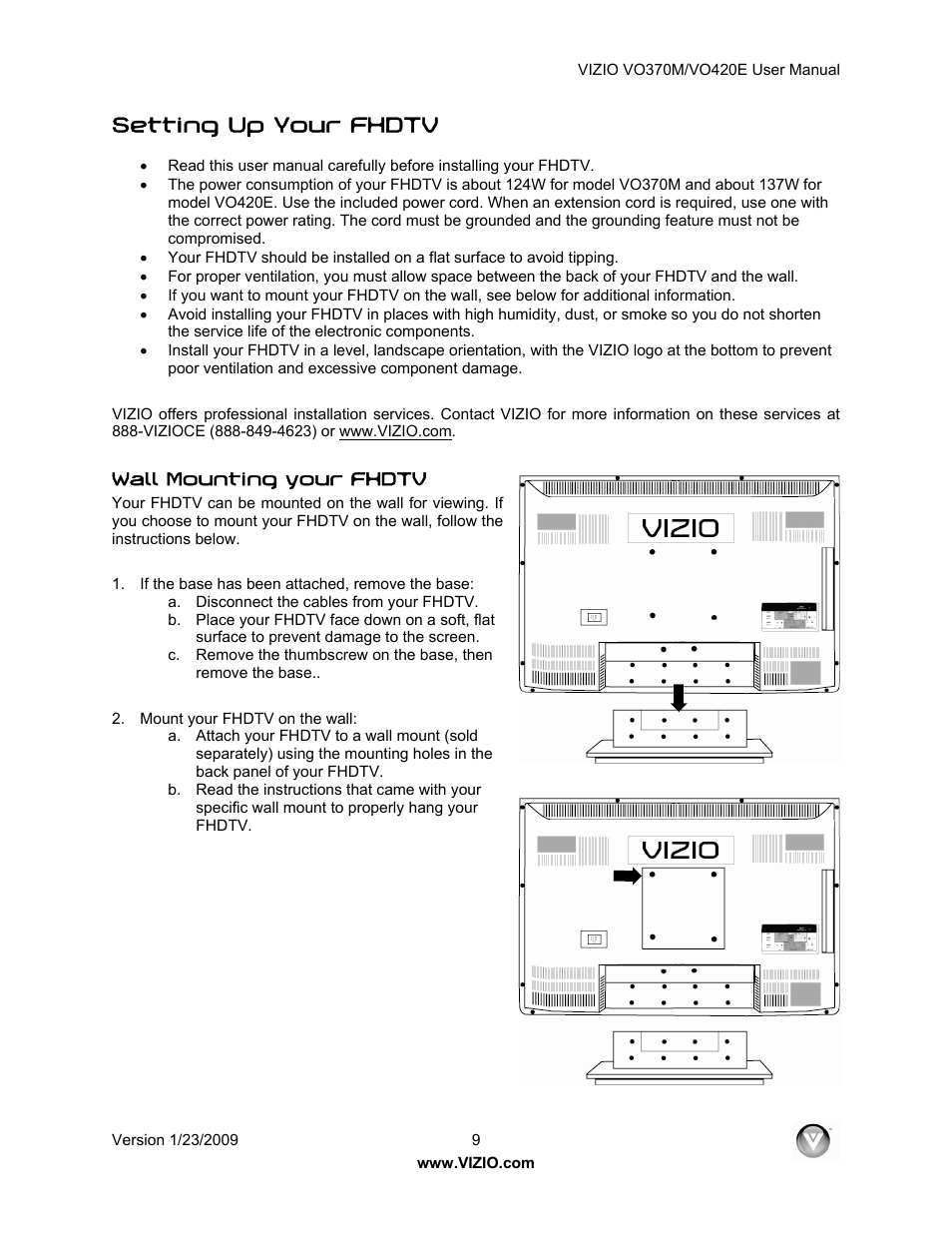 Setting up your fhdtv | Vizio VO420E User Manual | Page 9 / 67