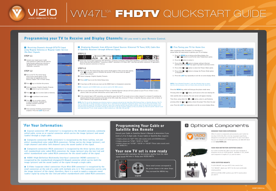 Vw47l_20a_qsg_back_102507, Vw47l fhdtv quickstart guide, Optional components | Programming your cable or satellite box remote, For your information, Your new tv set is now ready | Vizio VW47L User Manual | Page 2 / 2