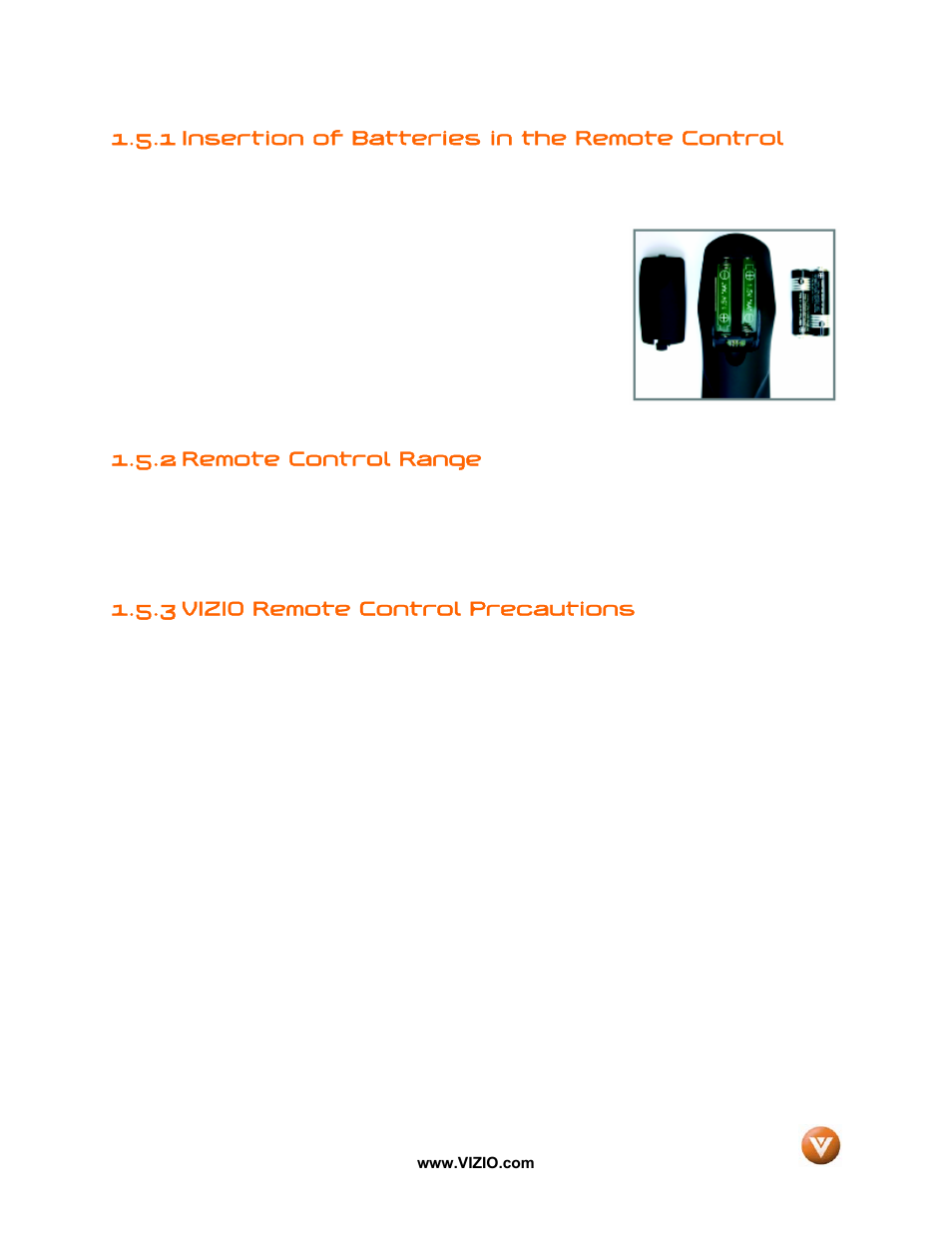 1 insertion of batteries in the remote control, 2 remote control range, 3 vizio remote control precautions | Vizio VX42L User Manual | Page 13 / 57