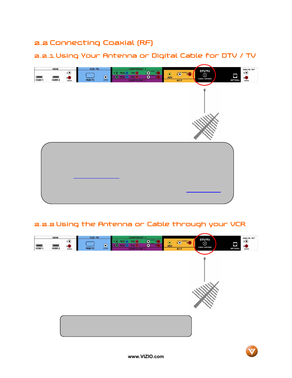 2 connecting coaxial (rf), 1 using your antenna or digital cable for dtv / tv, 2 using the antenna or cable through your vcr | Vizio VX42L User Manual | Page 15 / 57