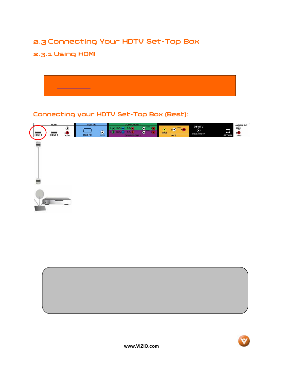 3 connecting your hdtv set-top box, 1 using hdmi | Vizio VX42L User Manual | Page 16 / 57