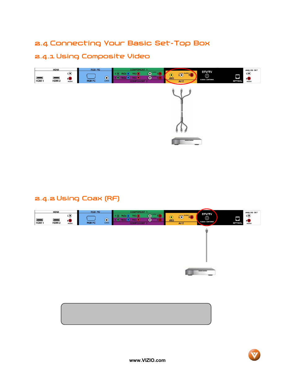 4 connecting your basic set-top box, 1 using composite video, 2 using coax (rf) | Vizio VX42L User Manual | Page 19 / 57