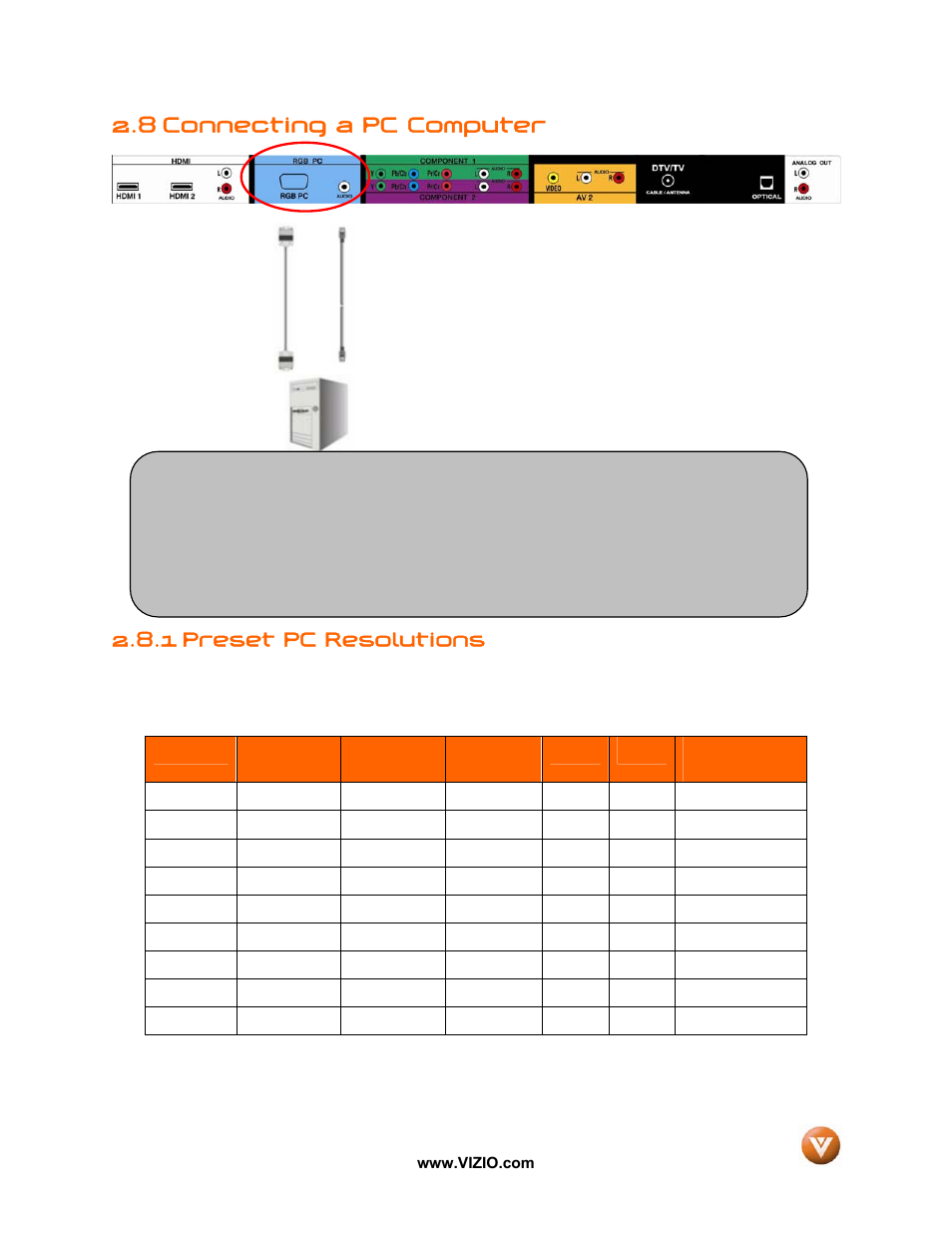 8 connecting a pc computer, 1 preset pc resolutions | Vizio VX42L User Manual | Page 25 / 57