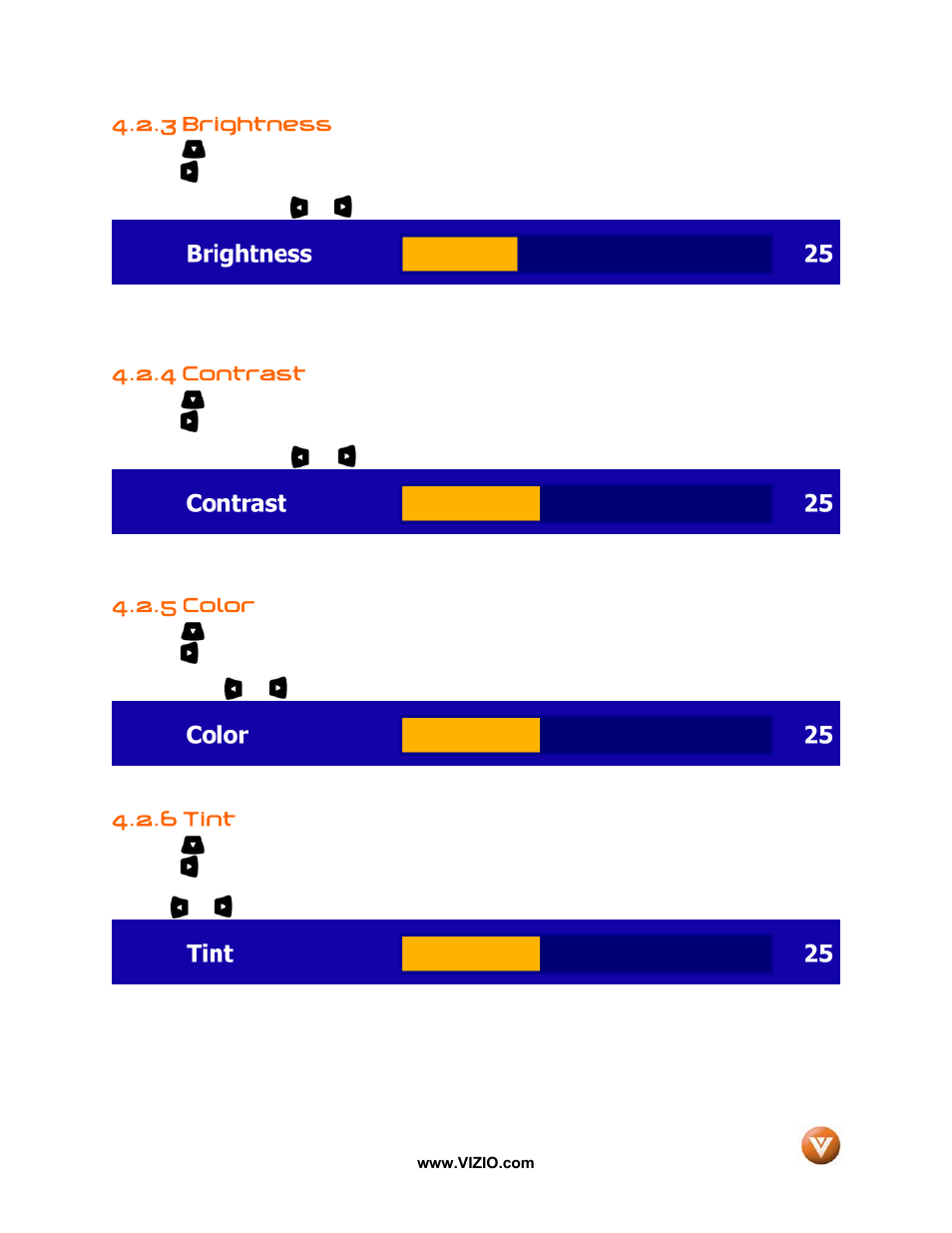 3 brightness, 4 contrast, 5 color | 6 tint | Vizio VX42L User Manual | Page 33 / 57