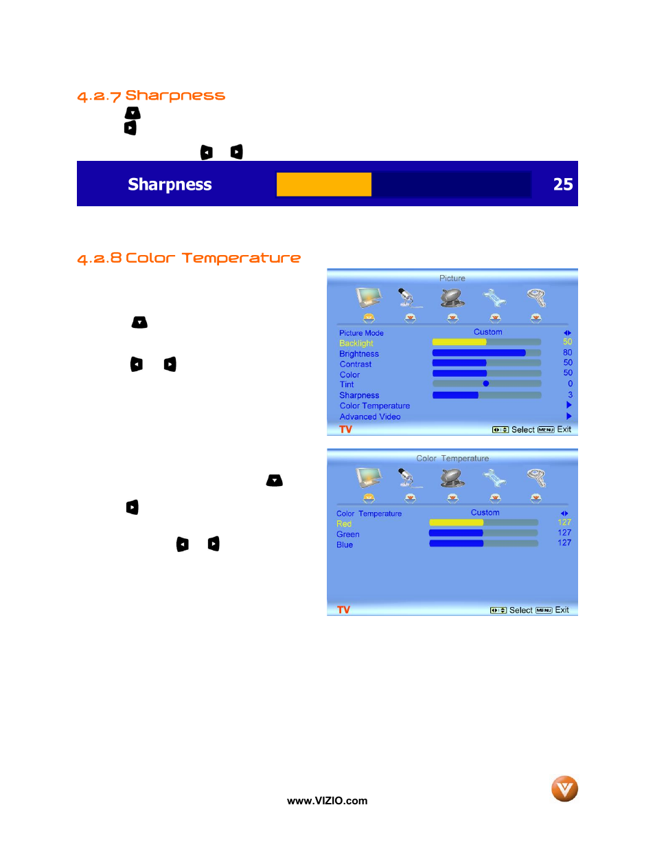 7 sharpness, 8 color temperature | Vizio VX42L User Manual | Page 34 / 57