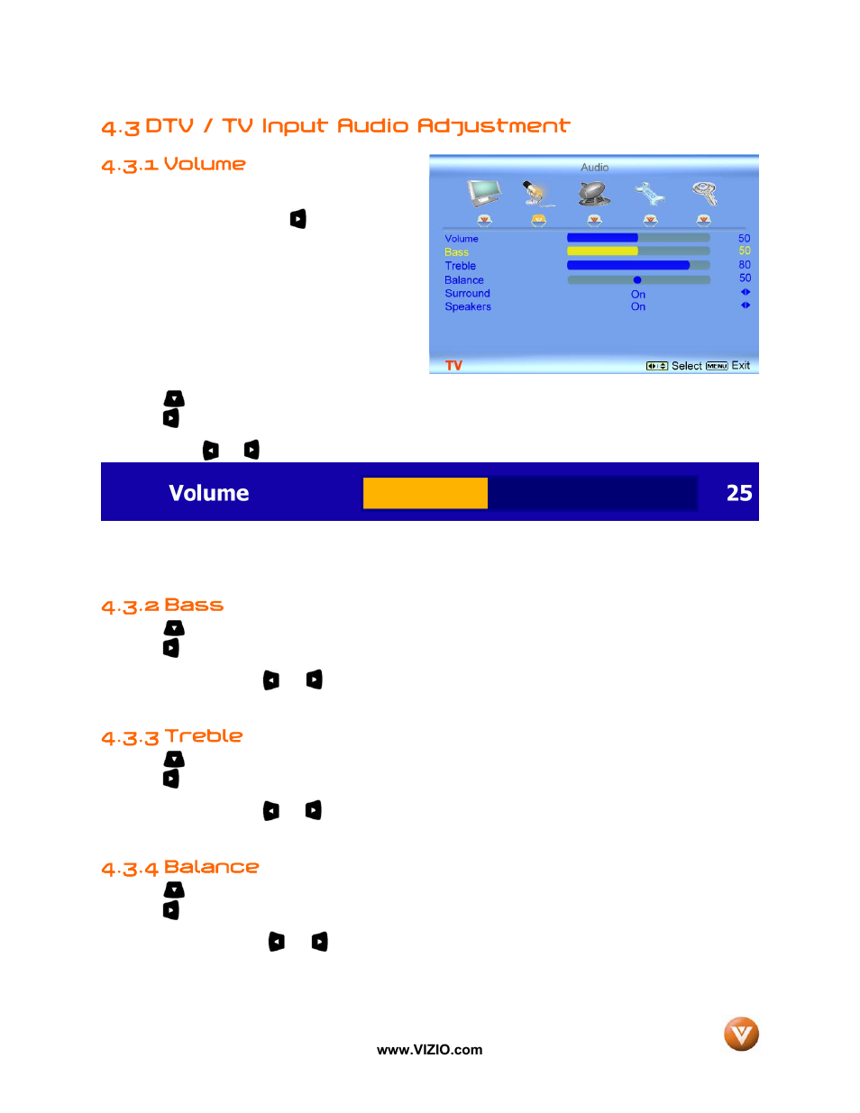 3 dtv / tv input audio adjustment, Volume, 2 bass | 3 treble, 4 balance, 1 volume | Vizio VX42L User Manual | Page 36 / 57
