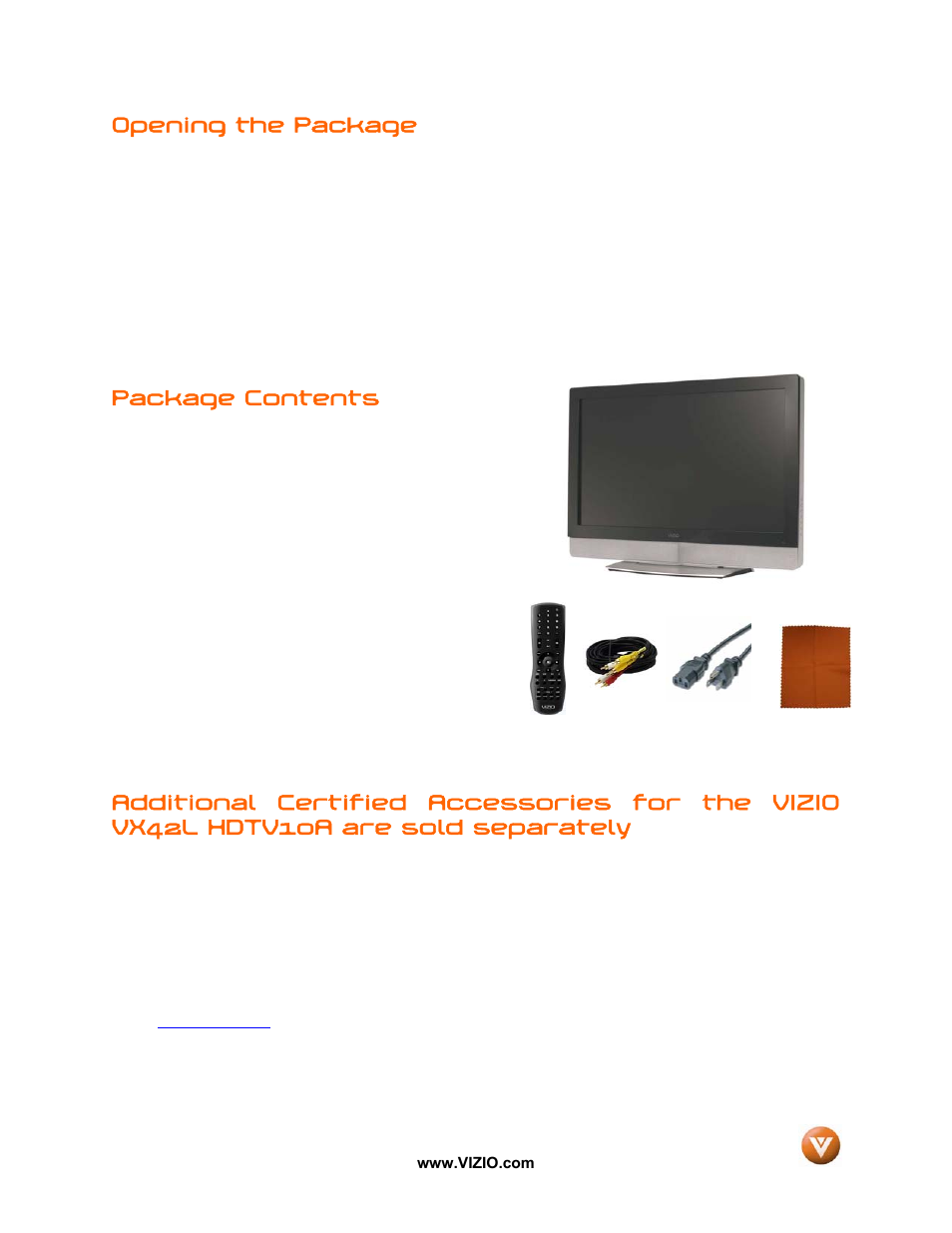 Opening the package, Package contents | Vizio VX42L User Manual | Page 4 / 57
