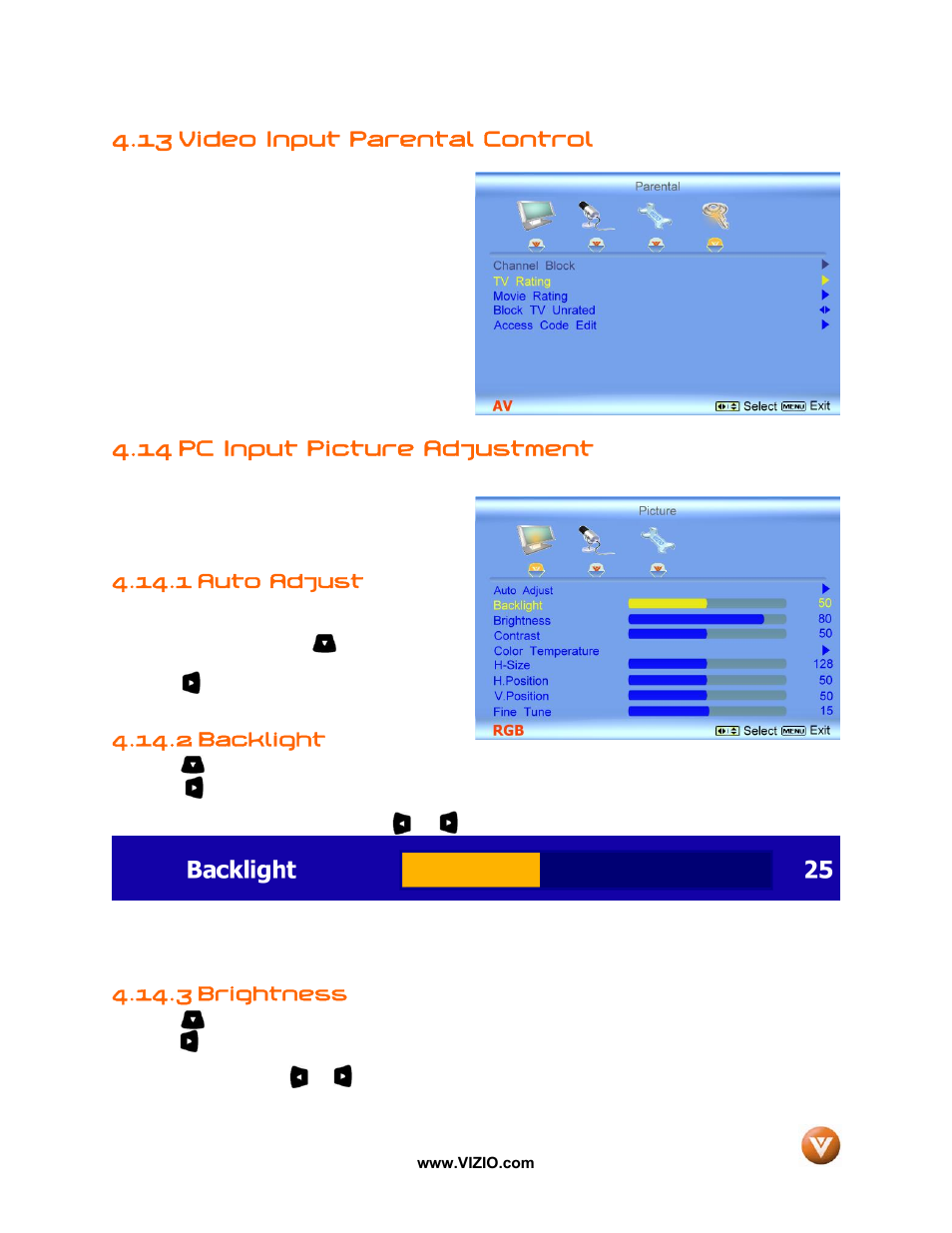 13 video input parental control, 14 pc input picture adjustment, 1 auto adjust | 2 backlight, 3 brightness | Vizio VX42L User Manual | Page 45 / 57
