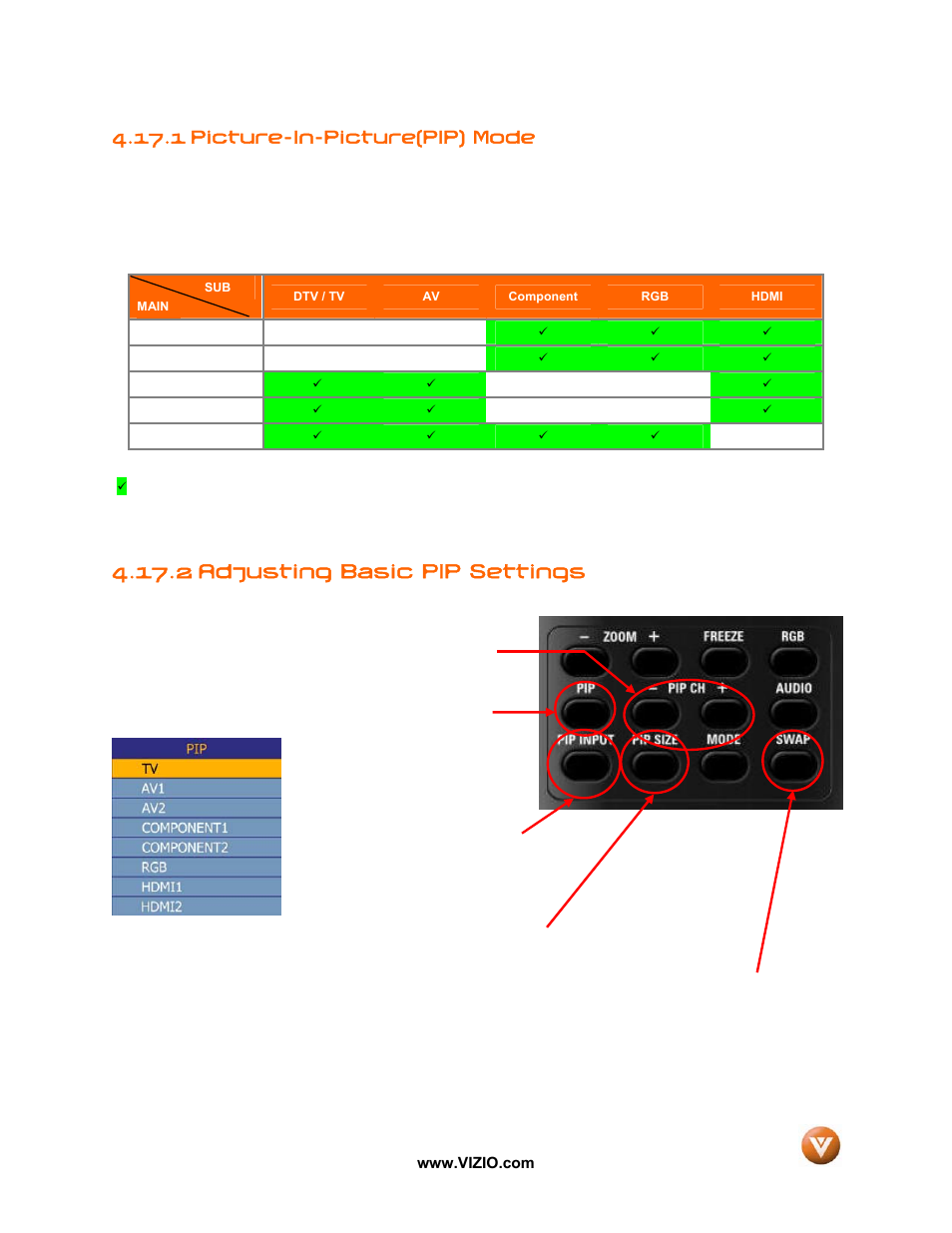 1 picture-in-picture(pip) mode, 2 adjusting basic pip settings | Vizio VX42L User Manual | Page 49 / 57