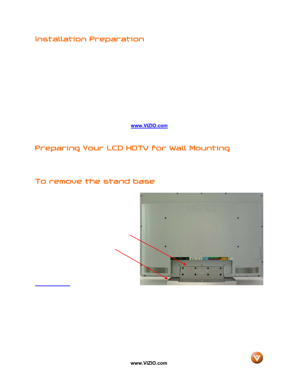 Installation preparation, Preparing your lcd hdtv for wall mounting | Vizio VX42L User Manual | Page 5 / 57