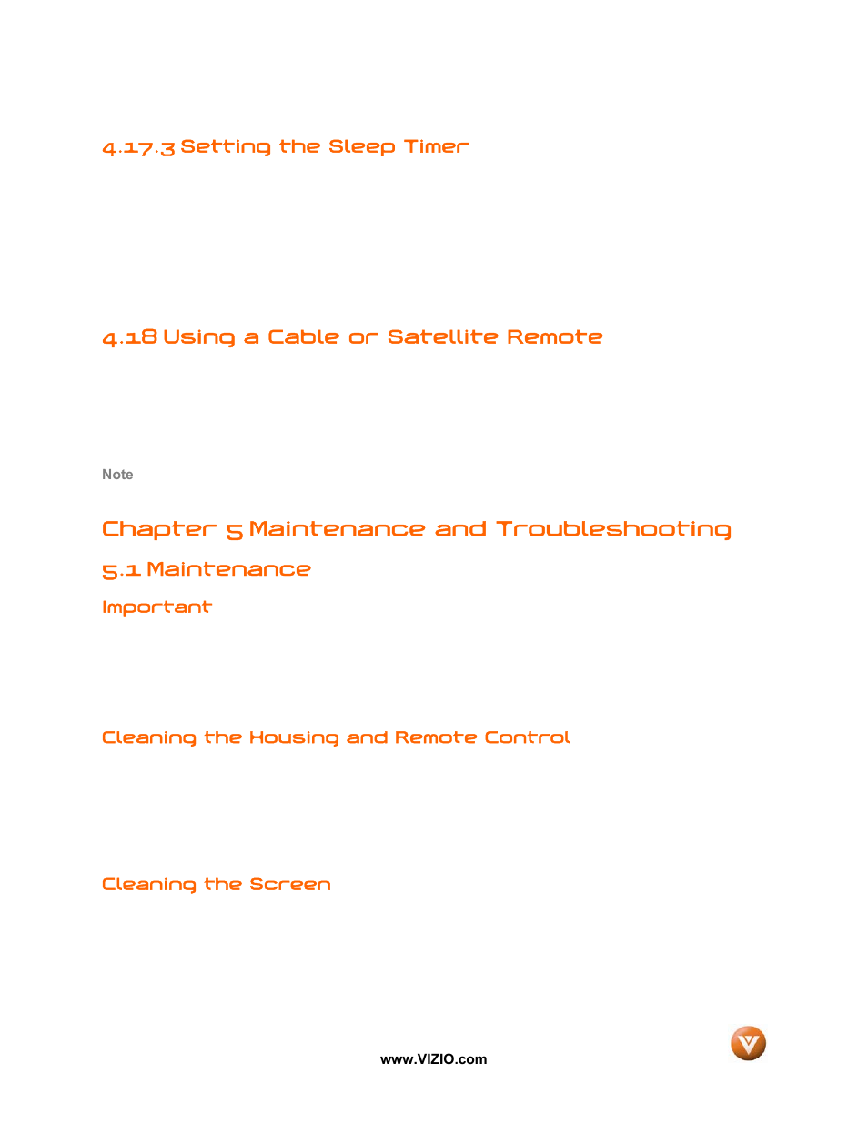 3 setting the sleep timer, 18 using a cable or satellite remote, Chapter 5 maintenance and troubleshooting | 1 maintenance | Vizio VX42L User Manual | Page 50 / 57
